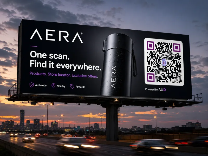 A city billboard carrying an AllID QR — one scan turns a passing glance into a saved connection