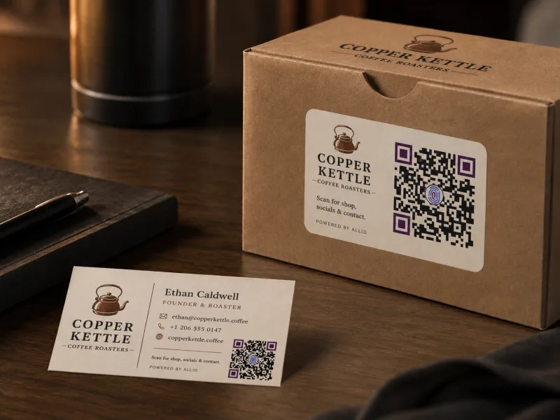 A business card with an AllID QR resting on its presentation box