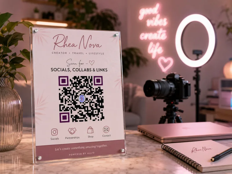 A desk plaque with an AllID QR standing on a creator's workspace