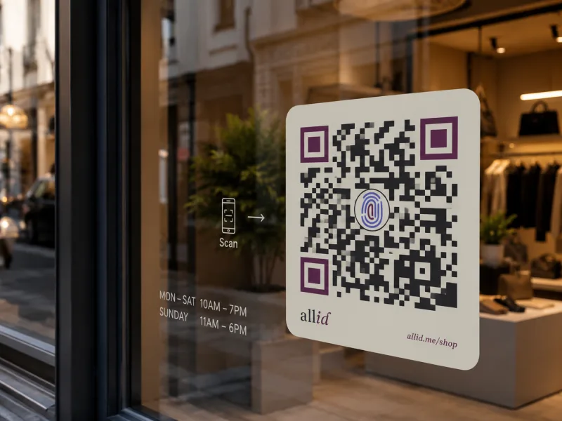 An AllID QR sticker on a shop's glass door, ready to be scanned by anyone walking past