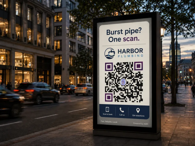 A street kiosk poster carrying an AllID QR among city flyers