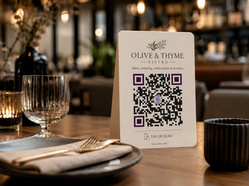 A table tent with an AllID QR standing on a bistro table