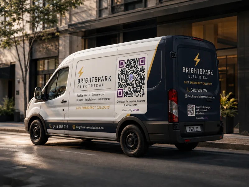 A work van wrapped with branding and a large AllID QR on its side