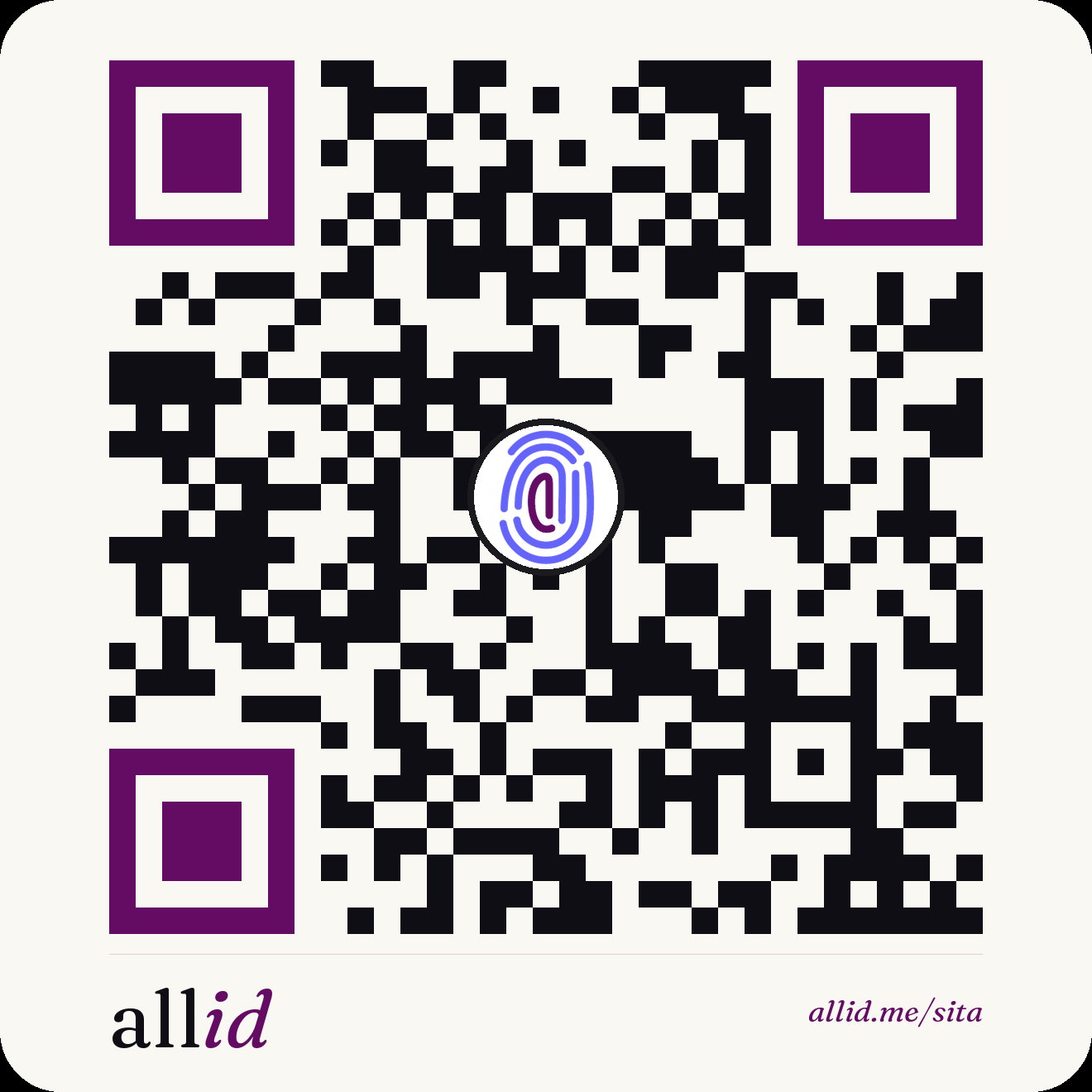 A real AllID QR code that opens the profile at allid.me/sita